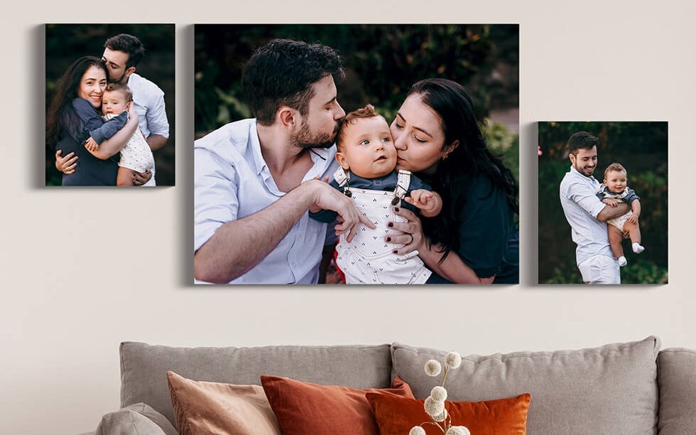Custom wall display with multiple canvas panels showcasing personalized photos